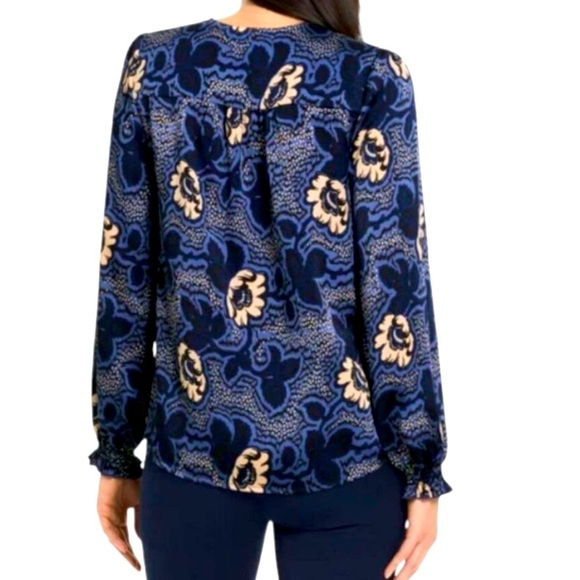 Ted Baker Floral Blue & Pink Blouse Long Sleeve Ruching On Cuff Key Hole Size XL - Picture 9 of 11